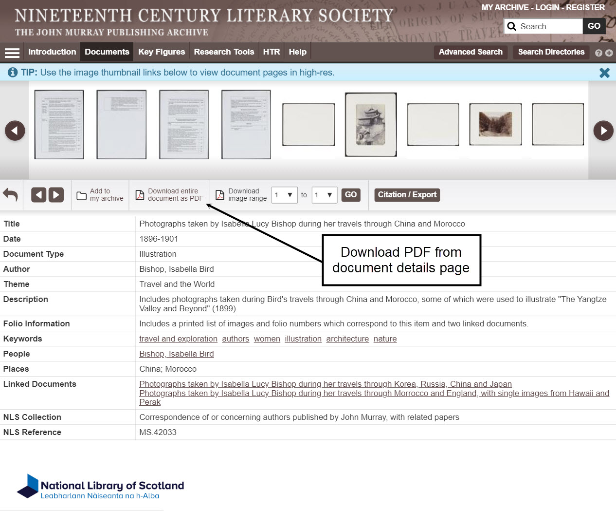 Screenshot of the document details page, with an arrow pointing to the icon for PDF downloads